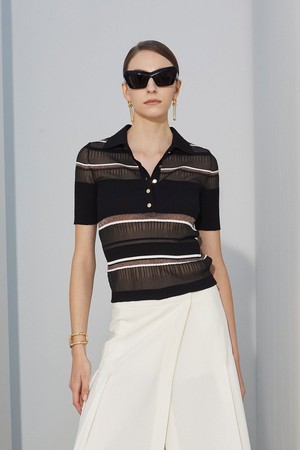 See-through Stripe Polo Shirt Knit Top Black