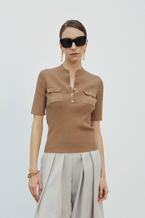 Button Henley Neck Knit Top Camel