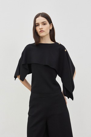 Button Detail Cropped Knit Pancho Black