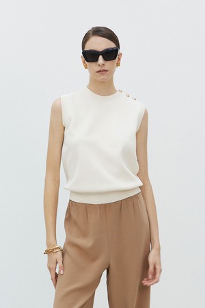 Gold Button Sleeveless Knit Top Ivory