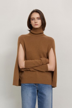 Cashmere Turtle-neck Knit Cape Pullover Camel