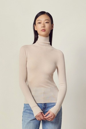 Wholegarment Turtle-neck Long Sleeve Knit Top L/Beige