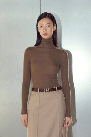 Wholegarment Turtle-neck Long Sleeve Knit Top Camel