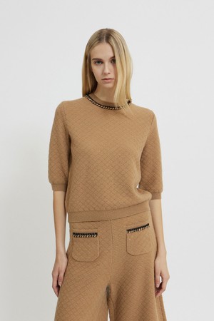 Trimming Point Half-Sleeve Knit Top Camel