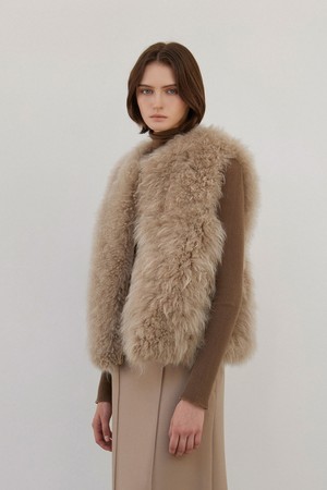 Cashmere Fur Zip-up Vest Beige