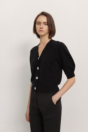 Cashmere 100% Jewelry Half-Sleeve Cardigan Black