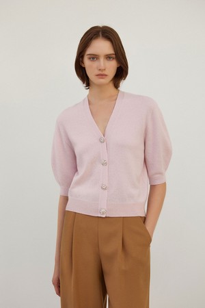 Cashmere 100% Jewelry Half-Sleeve Cardigan Pink