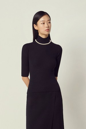 Wholegarment Mock-neck Half Sleeve Knit Top Black