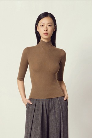 Wholegarment Mock-neck Half Sleeve Knit Top Camel