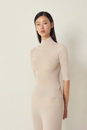 Wholegarment Mock-neck Half Sleeve Knit Top L/Beige