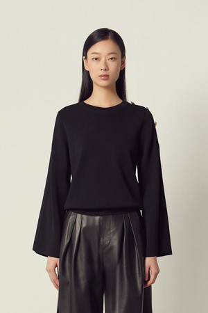 Button Detail Split Sleeve Knit Pullover Black