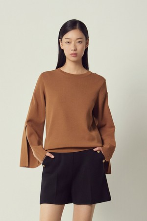 Button Detail Split Sleeve Knit Pullover Camel