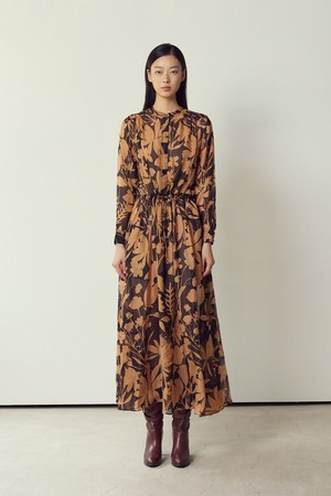 Printed Silk Long Sleeve Dress Camel