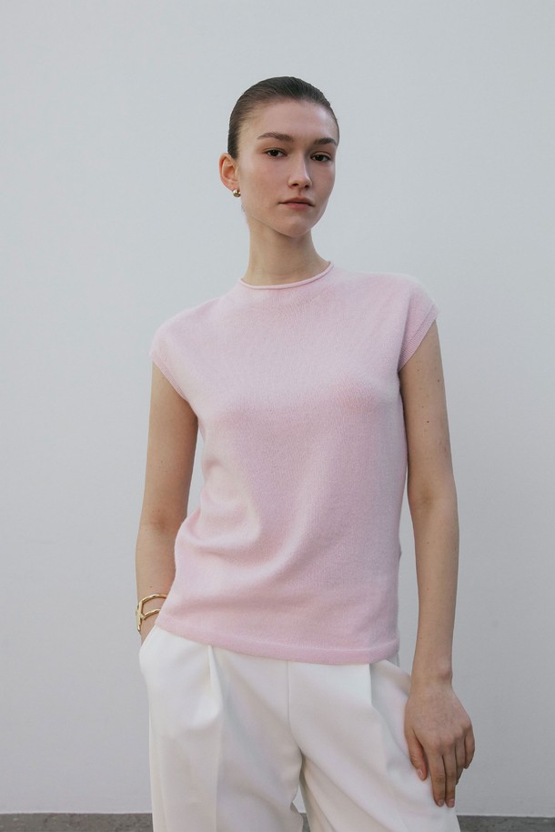 MARE DI MARI - 터틀넥 - Cashmere 100% Mock Neck Sleeveless Knit Top Light Pink