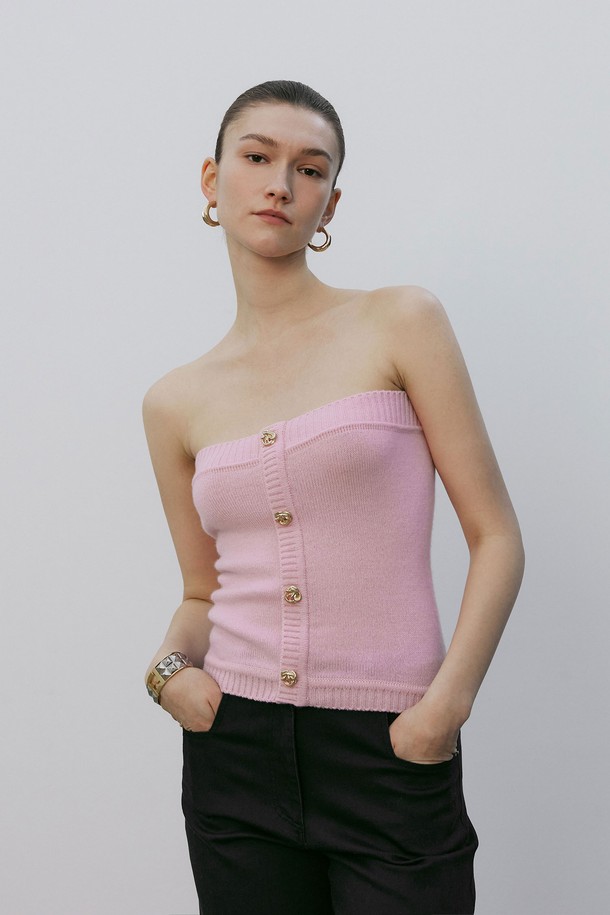 MARE DI MARI - 스웨터 - Asymmetric Gold Button Buistier Knit Top Pink