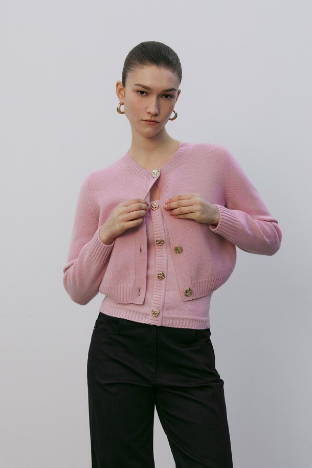 MARE DI MARI - 가디건 - Asymmetric Gold Button Knit Cardigan Pink