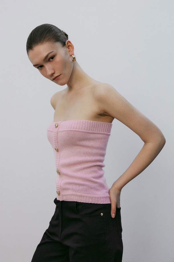 MARE DI MARI - 스웨터 - Asymmetric Gold Button Buistier Knit Top Pink