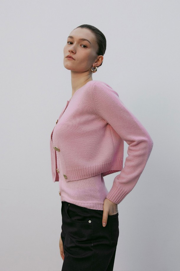 MARE DI MARI - 가디건 - Asymmetric Gold Button Knit Cardigan Pink