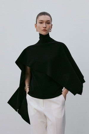 High-neck Unbalanced Multi Knit Pancho Black