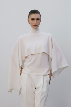 High-neck Unbalanced Multi Knit Pancho Ivory