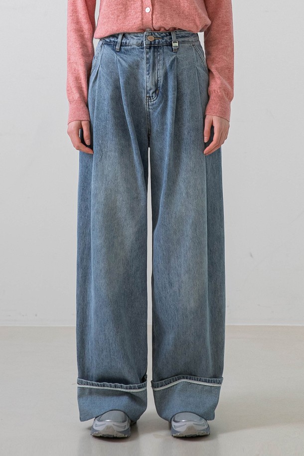 NON AND NON - 데님 - Roll-up Wide Cotton Pants (Light blue)