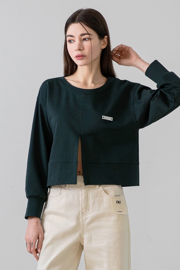 NONANDNON - 긴소매 티셔츠 - Layered Slit Point Sweatshirt (Deep green)