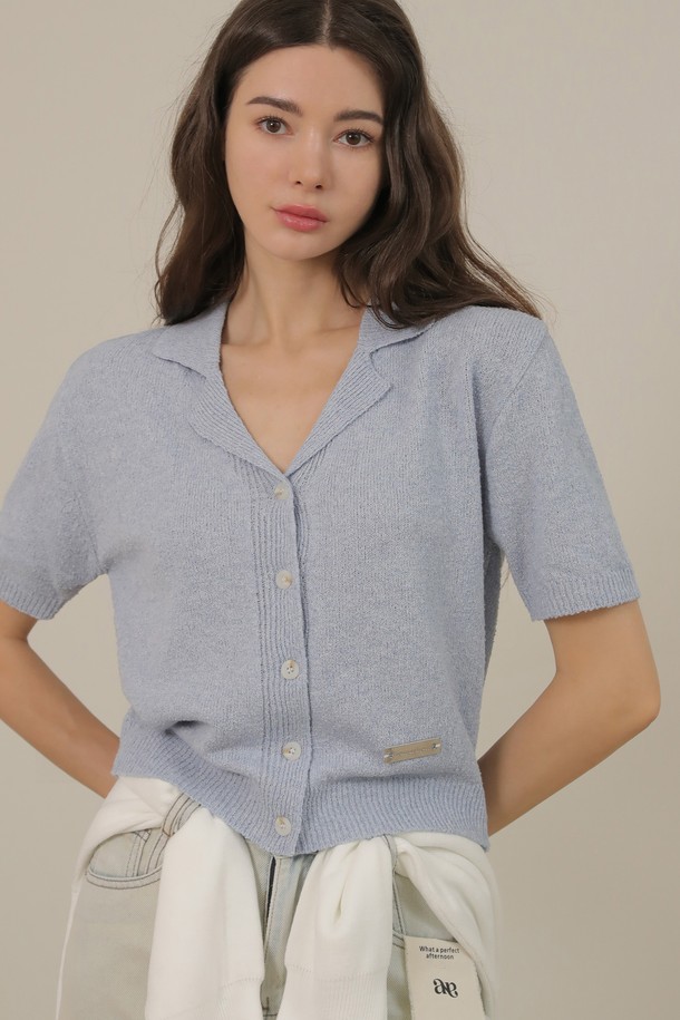 NONANDNON - 가디건 - Collar Cool Knit Cardigan (Skyblue)