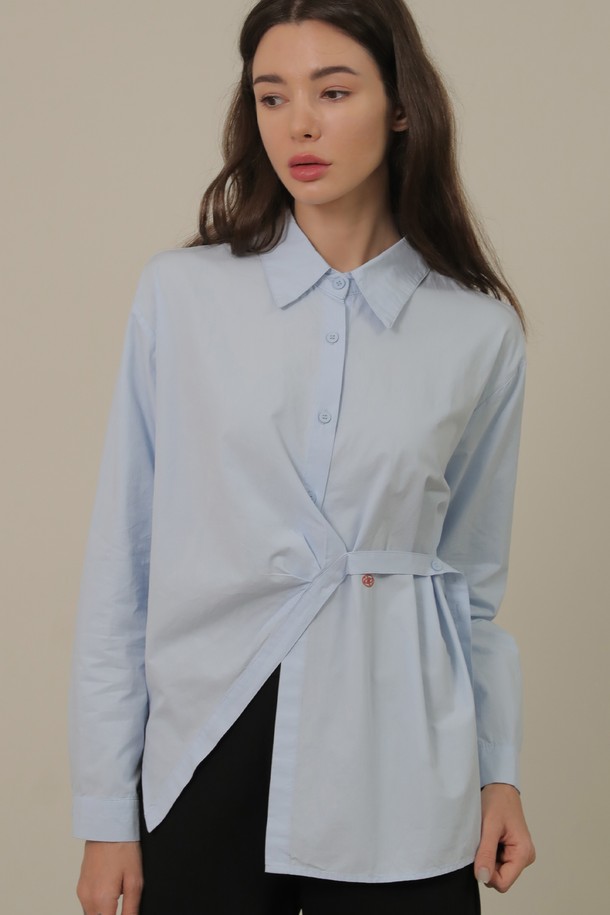 NON AND NON - 블라우스 - Unbalance Strap Cotton Shirt (Sky blue)