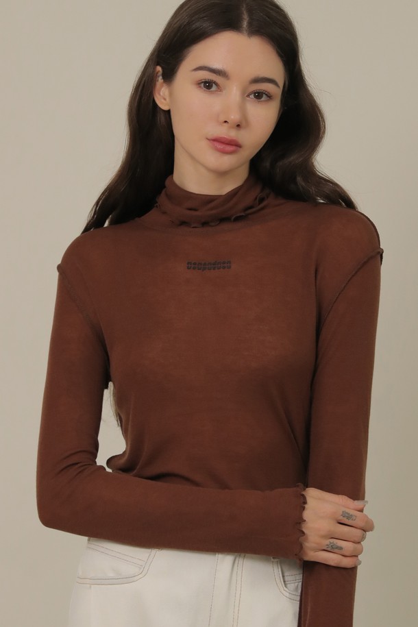 NONANDNON - 긴소매 티셔츠 - Wave Soft Tencel Pola T-shirt (Brown)