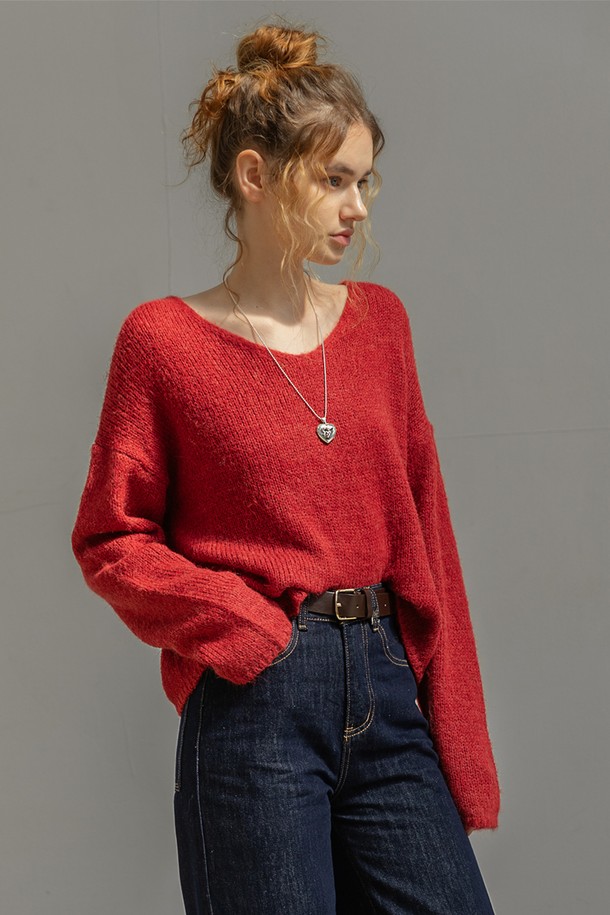 NON AND NON - 스웨터 - SOFT V-NECK  WOOL SWEATER (RED)