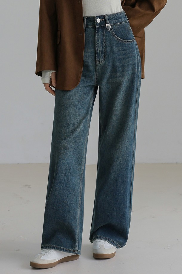 NON AND NON - 데님 - RUBBER WASHED SEMI WIDE DENIM PANTS (INDIGO BLUE)