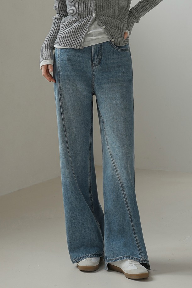 NON AND NON - 데님 - ABLIQUE LINE WIDE DENIM PANTS (INDIGO BLUE)