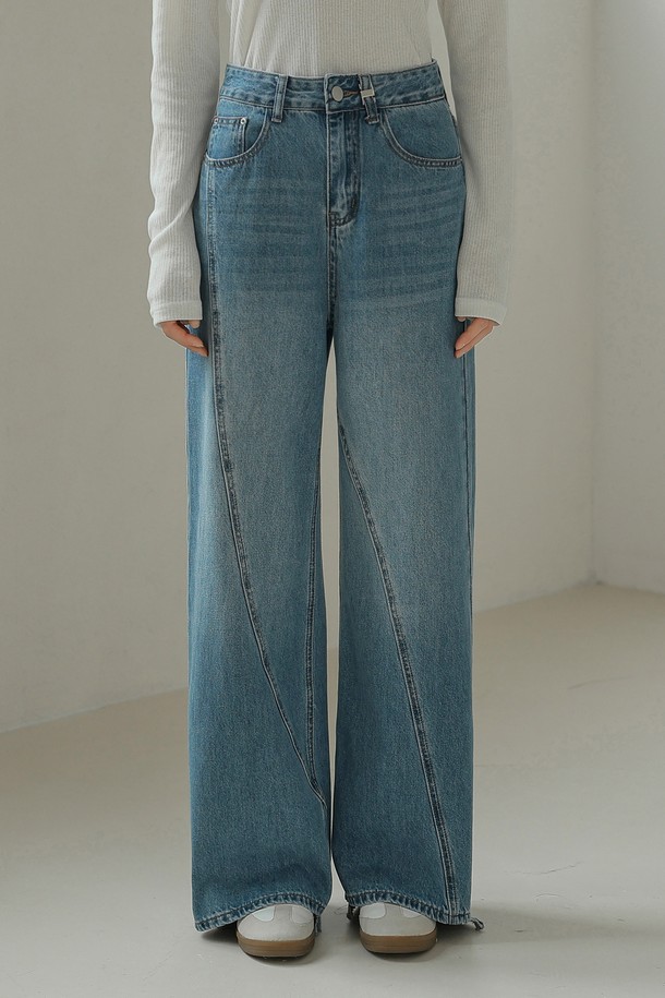 NON AND NON - 데님 - ABLIQUE LINE WIDE DENIM PANTS (INDIGO BLUE)