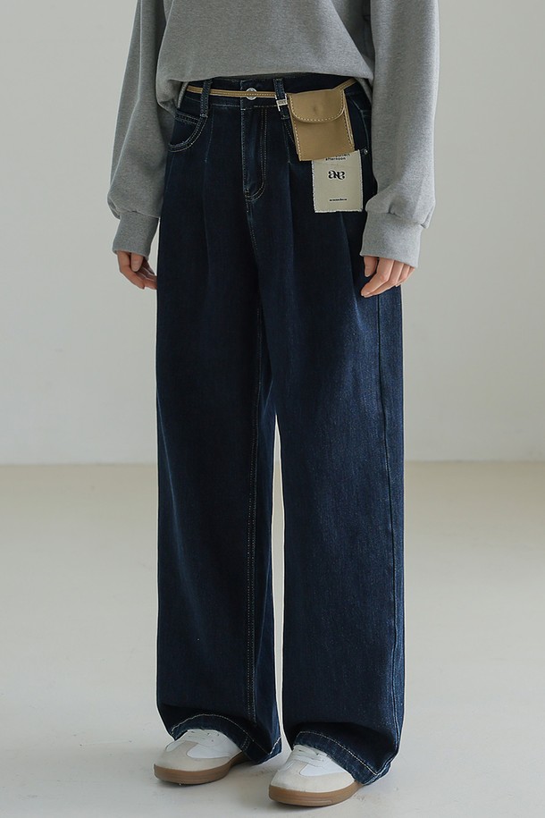 NON AND NON - 데님 - Two Pintuck Wide Denim Pants (DARK BLUE)