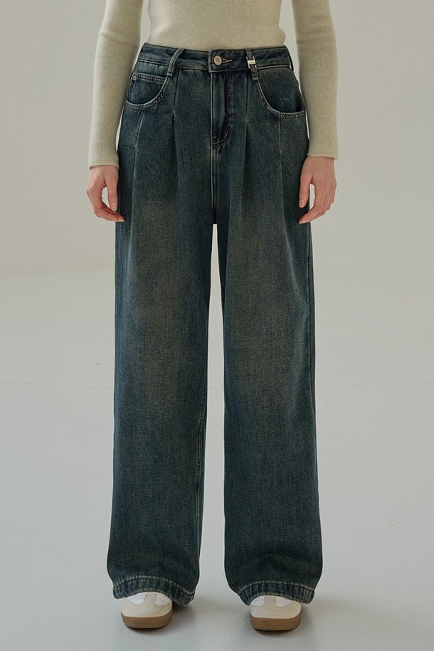 NON AND NON - 데님 - STITCH PINTUCK WIDE DENIM PANTS (DEEP BLUE)