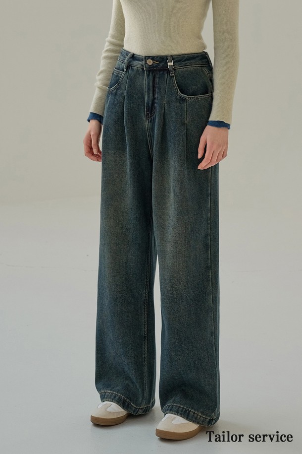 NON AND NON - 데님 - STITCH PINTUCK WIDE DENIM PANTS (DEEP BLUE)