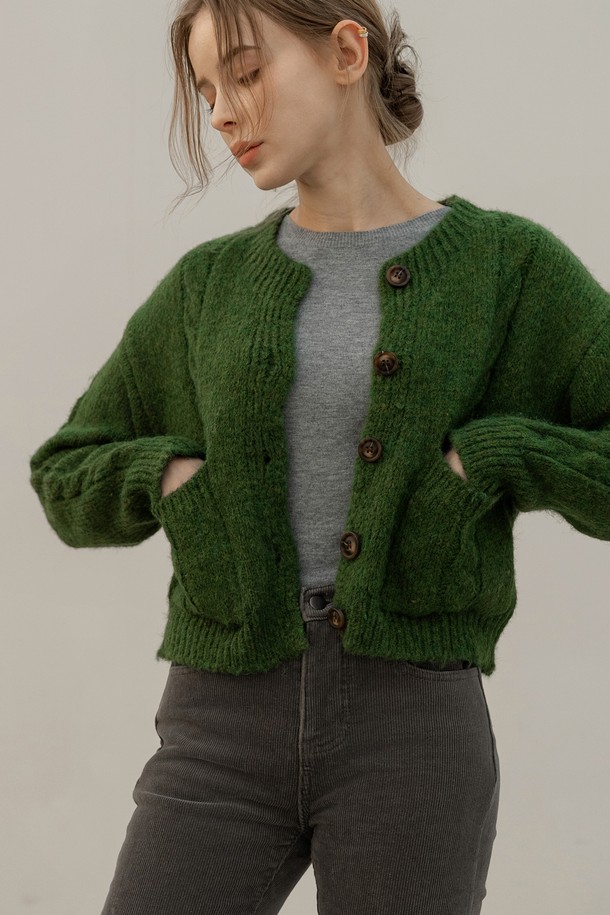 NON AND NON - 가디건 - CABLE WOOL KNIT CARDIGAN (GREEN)