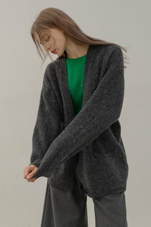 NON AND NON - 가디건 - BASIC OVER FIT KNIT CARDIGAN (CHARCOAL)