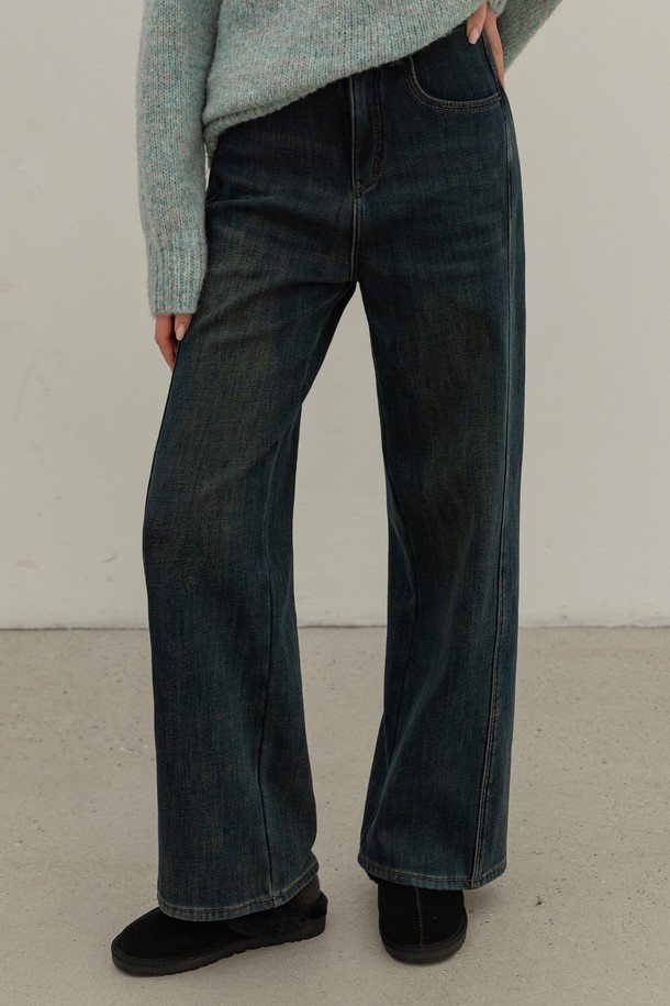 NON AND NON - 데님 - NAPPING WIDE LEG INCISIONAL DENIM PANTS (DEEP BLUE)