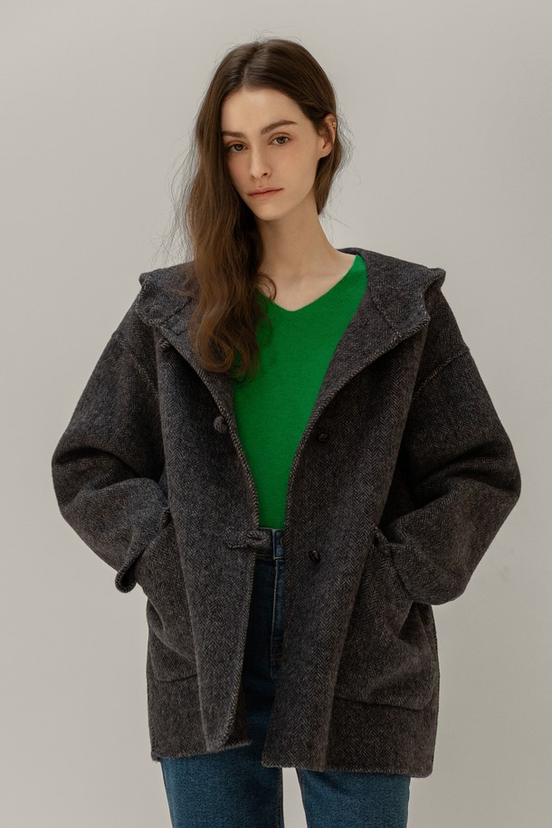 NON AND NON - 코트 - WOOL HOODED HALF COAT (CHARCOAL)