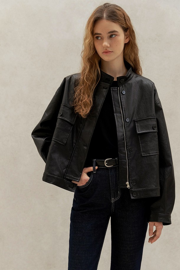 NON AND NON - 자켓 - ECO LEATHER POCKET BLOUSON JACKET (BLACK)