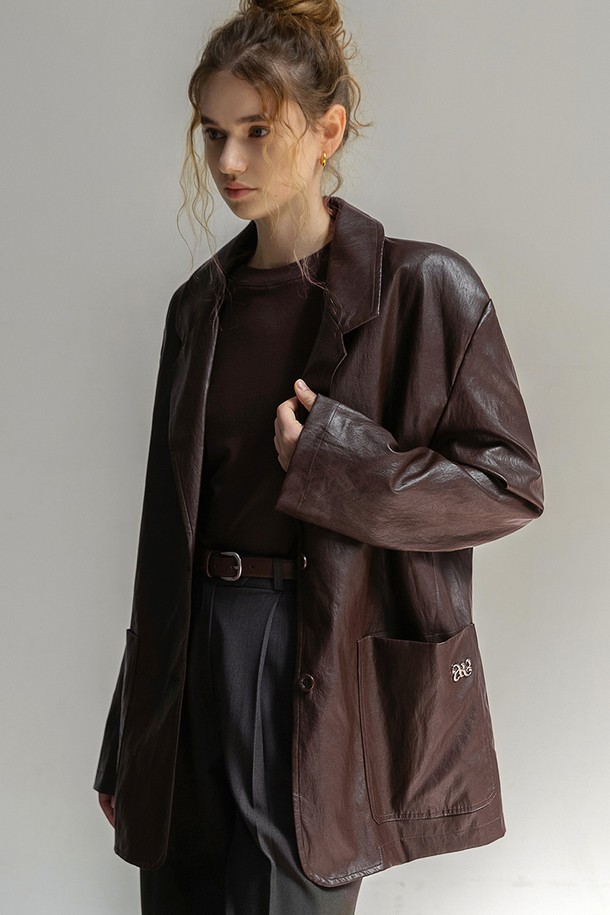 NON AND NON - 자켓 - VEGAN LEATHER OVERFIT  BLAZER JACKET (BROWN)