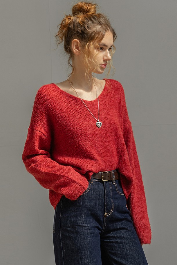 NON AND NON - 스웨터 - SOFT V-NECK  WOOL SWEATER (RED)