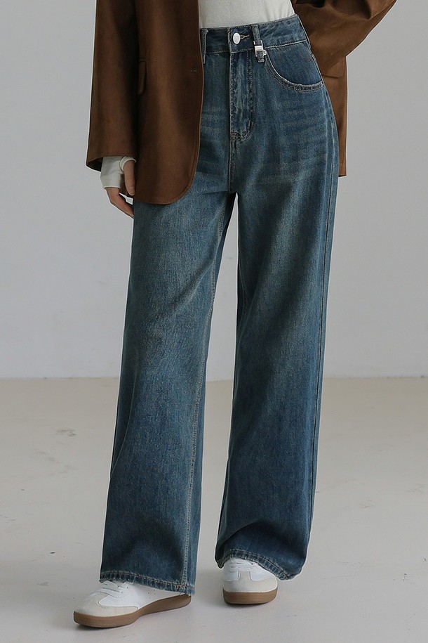 NON AND NON - 데님 - RUBBER WASHED SEMI WIDE DENIM PANTS (INDIGO BLUE)