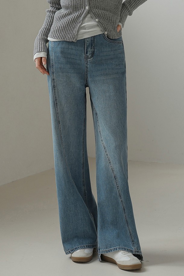 NON AND NON - 데님 - ABLIQUE LINE WIDE DENIM PANTS (INDIGO BLUE)