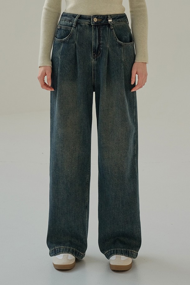 NON AND NON - 데님 - STITCH PINTUCK WIDE DENIM PANTS (DEEP BLUE)