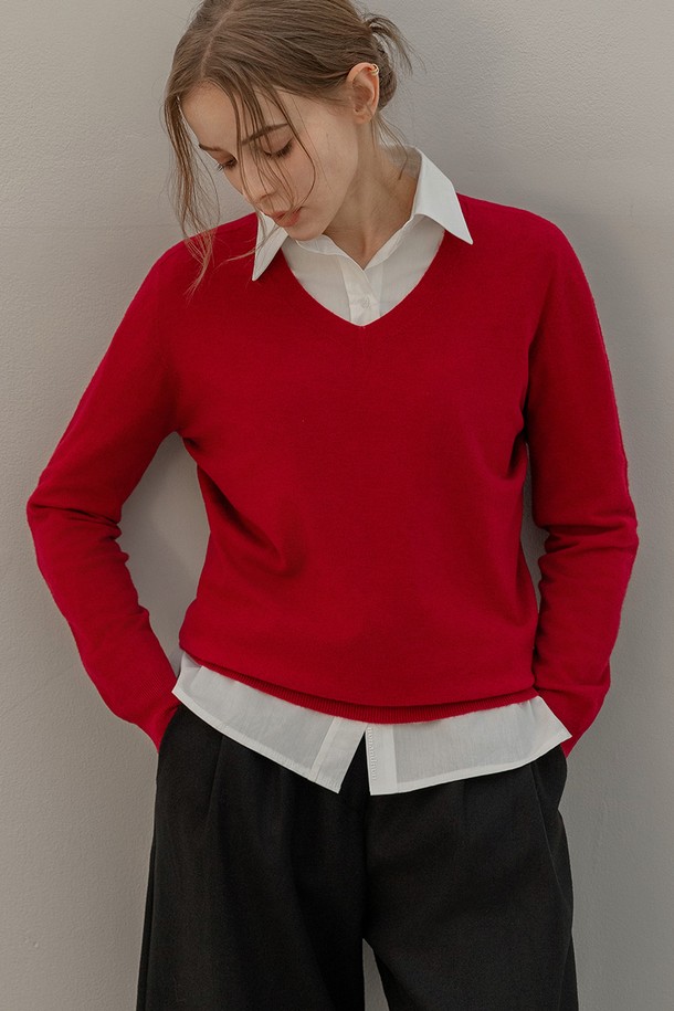 NON AND NON - 스웨터 - WOOL WHOLE GARMENT V-NECK KNIT (RED)