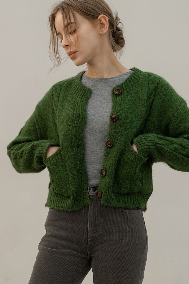 NON AND NON - 가디건 - CABLE WOOL KNIT CARDIGAN (GREEN)