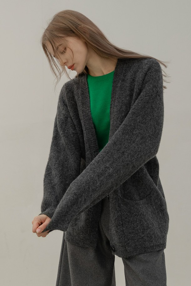 NON AND NON - 가디건 - BASIC OVER FIT KNIT CARDIGAN (CHARCOAL)