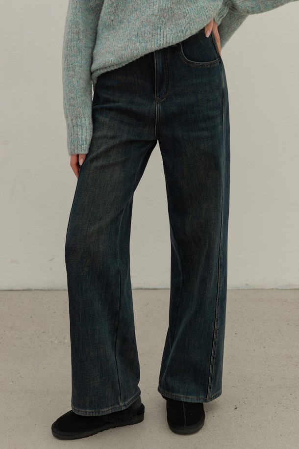 NON AND NON - 데님 - NAPPING WIDE LEG INCISIONAL DENIM PANTS (DEEP BLUE)